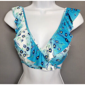 Aerie Scoop Boho Wrap Swimsuit Top Womens M Blue White Floral Strappy Ruffle New